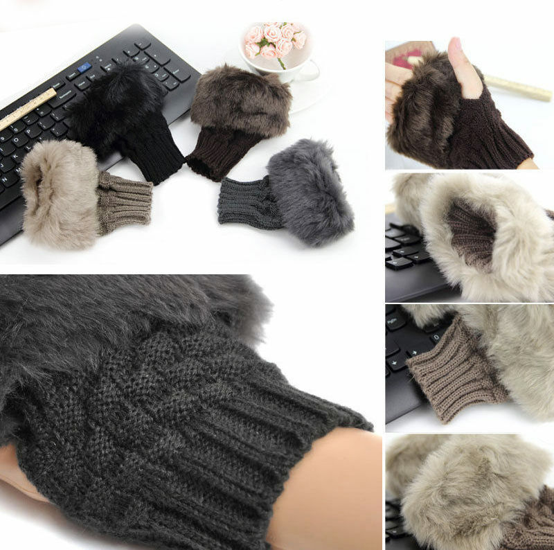Women Fingerless Gloves Winter Faux Fur Mittens Knitted Soft Warm Thermal by Trendy