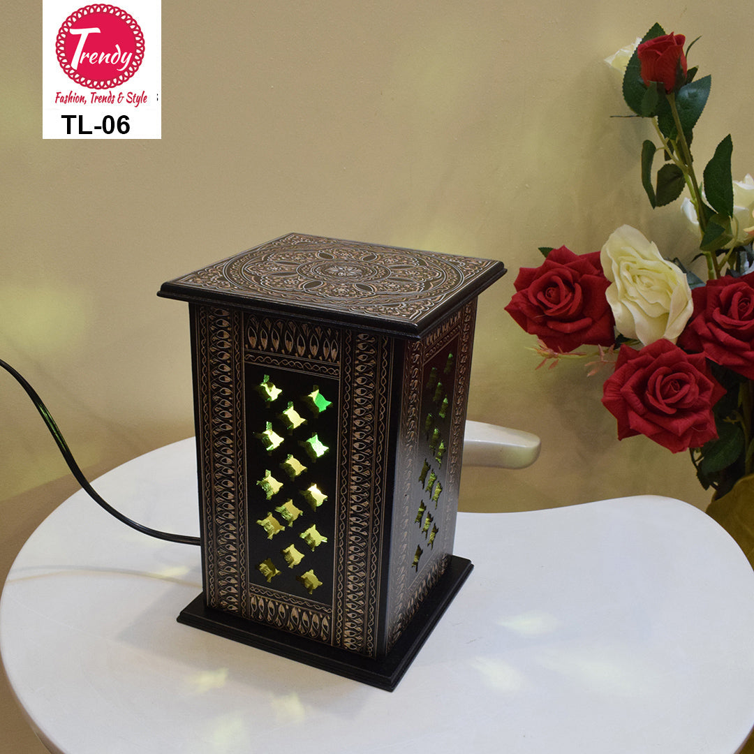 Wooden Side Table Lamp Square With Lacquer Art Black - Trendy Pakistan