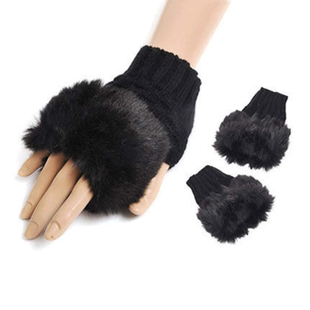Women Fingerless Gloves Winter Faux Fur Mittens Knitted Soft Warm Thermal by Trendy