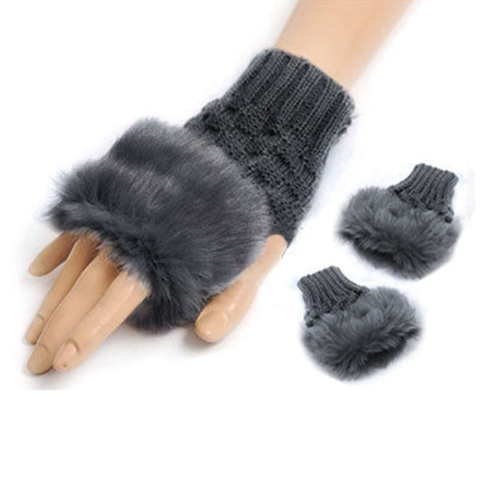 Women Fingerless Gloves Winter Faux Fur Mittens Knitted Soft Warm Thermal by Trendy