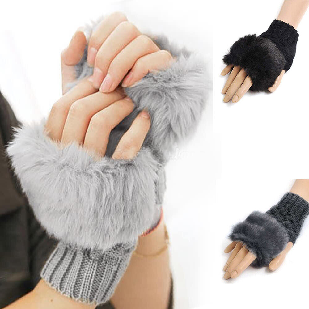 Women Fingerless Gloves Winter Faux Fur Mittens Knitted Soft Warm Thermal by Trendy